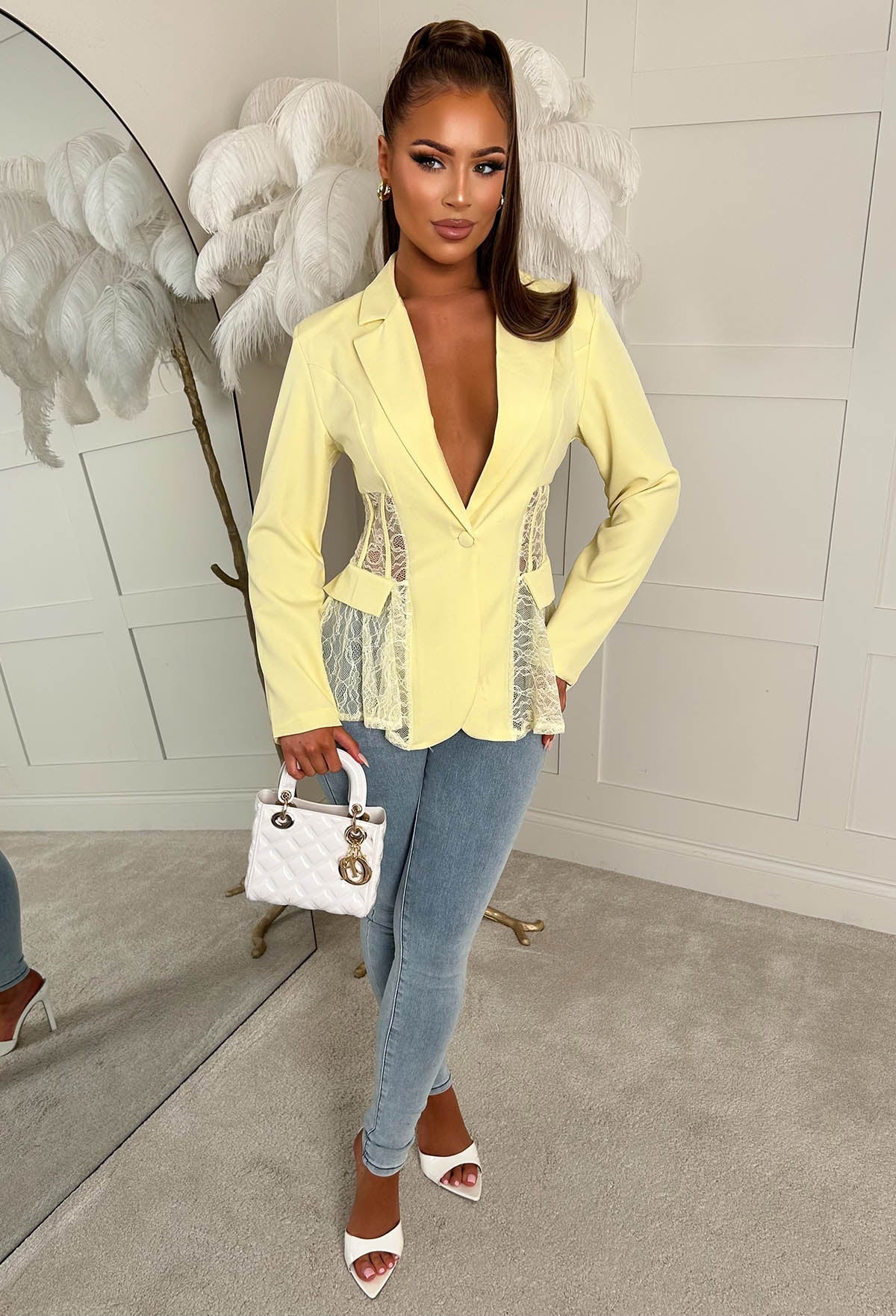 Sultry Statement Yellow Lace Panelled Blazer