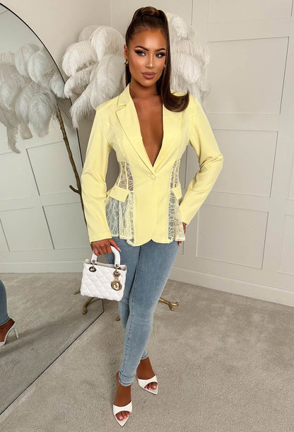 Sultry Statement Yellow Lace Panelled Blazer