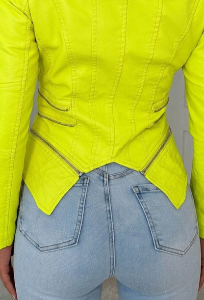 You're So Gone Neon Yellow Lightweight Faux Leather Biker Jacket
